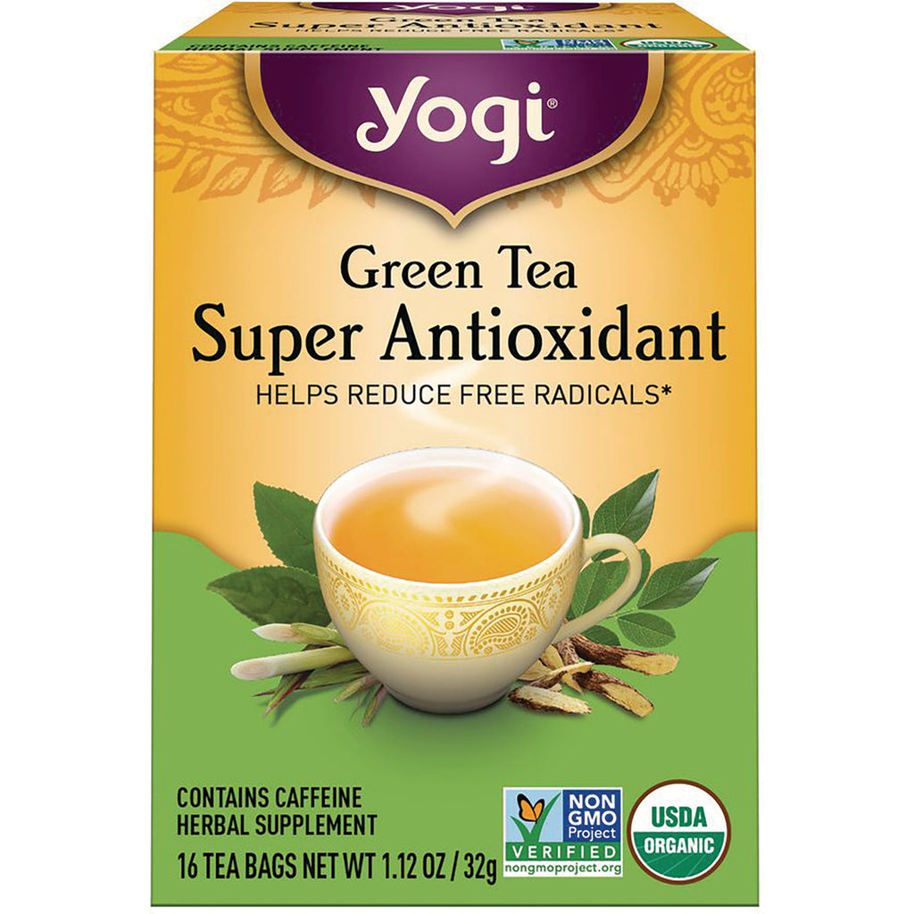 AHW006 | Yogi Green Tea Super Antioxidant box front with cup of tea, text 'Helps Reduce Free Radicals', USDA Organic and Non-GMO badges - Thumbnail