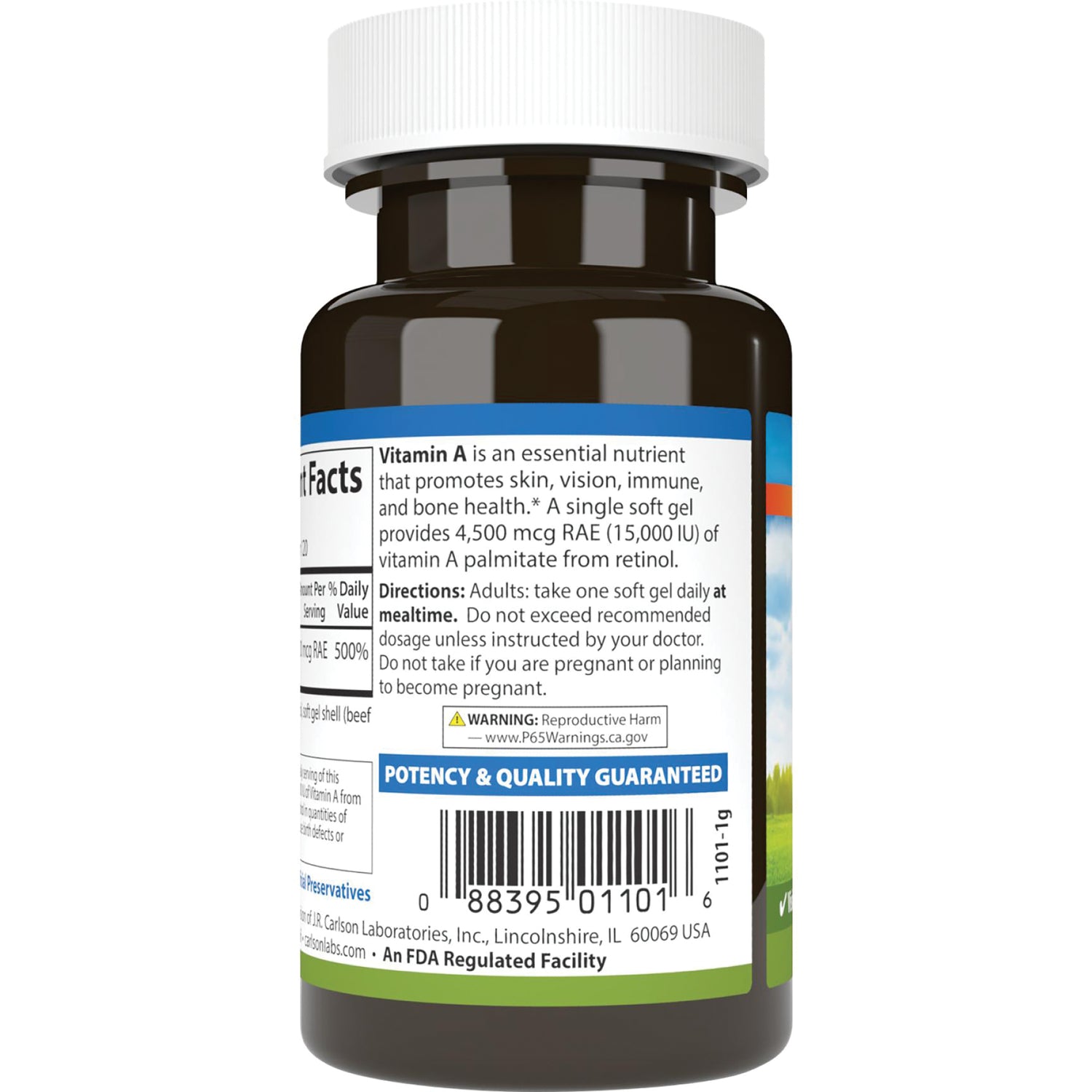 CSN155 | Back label of supplement bottle showing directions, warning, barcode and potency & quality guaranteed