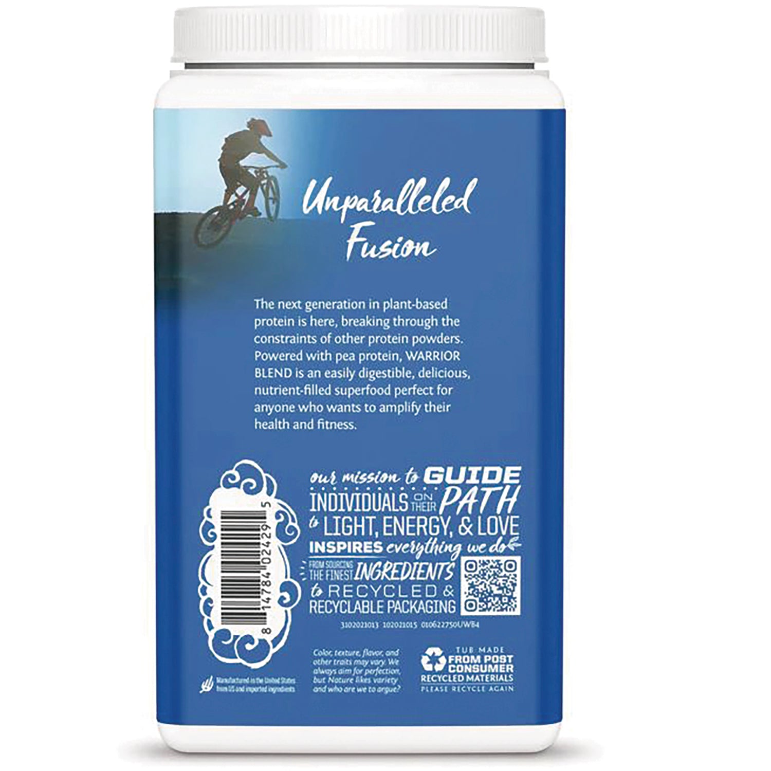 SNW024 | Back of protein powder container with blue label text 'Unparalleled Fusion' and mission copy