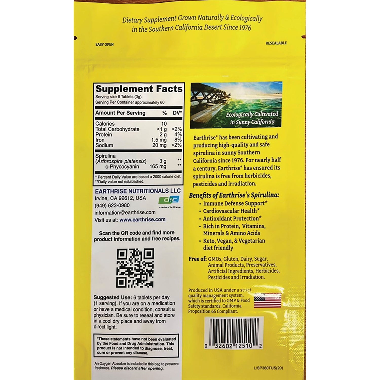 ER057 | back of yellow supplement pouch showing Supplement Facts panel, QR code, barcode, and benefits text