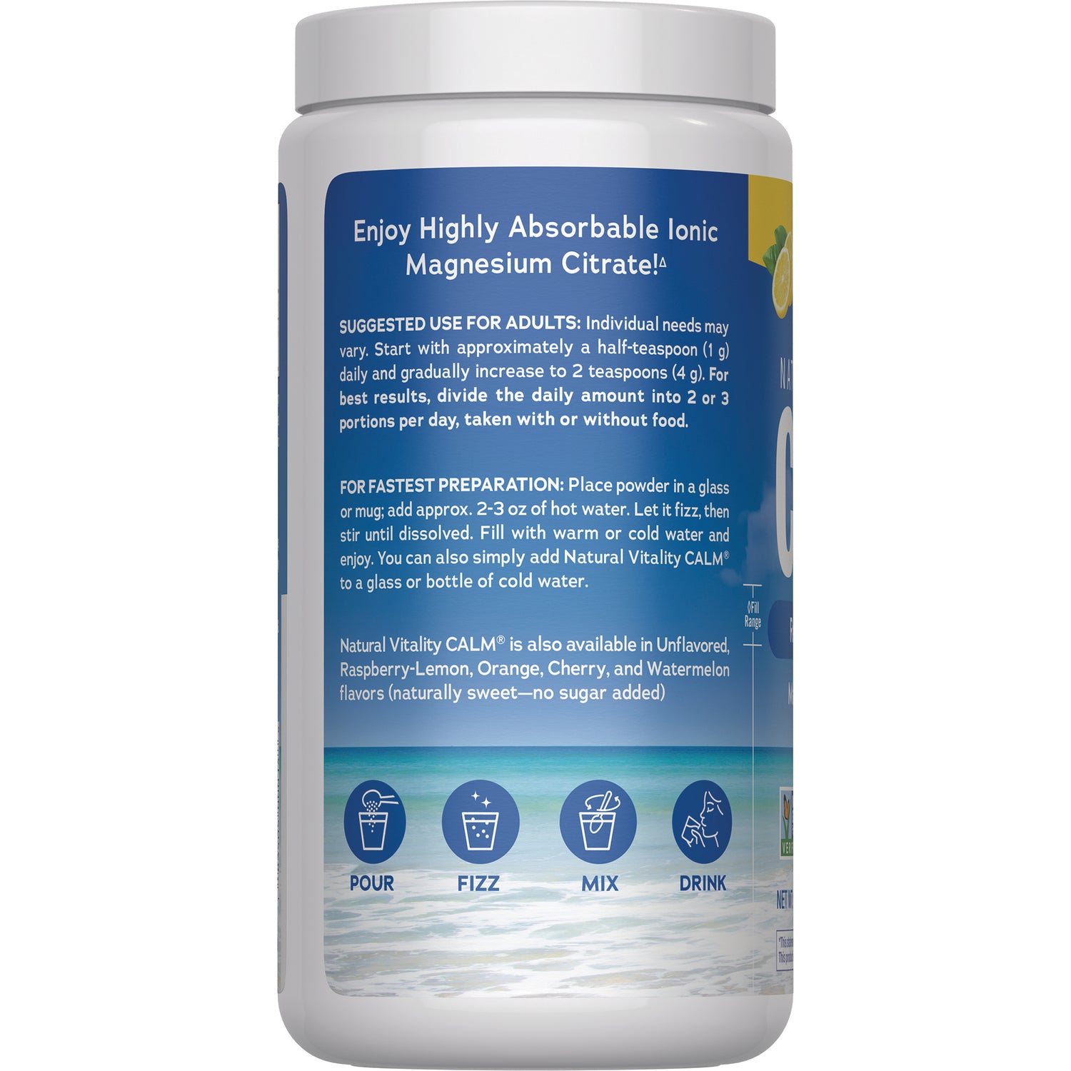 NVT073 | back label with usage directions, preparation steps and icons, visible text Enjoy Highly Absorbable Ionic Magnesium Citrate!