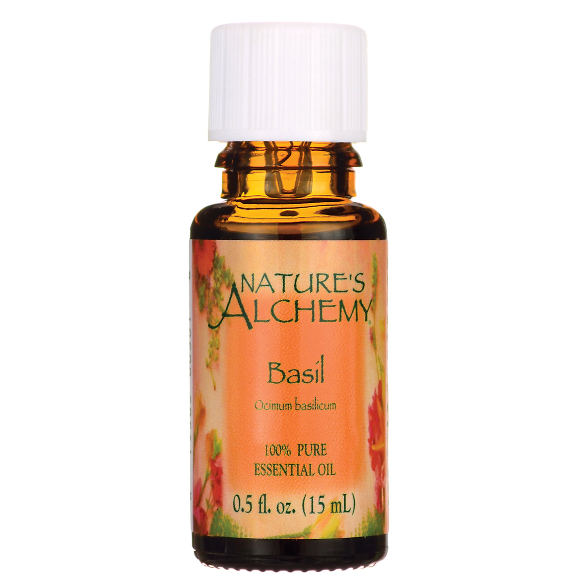 NAL026 | amber 15 mL bottle of Nature's Alchemy Basil essential oil with white cap and orange label