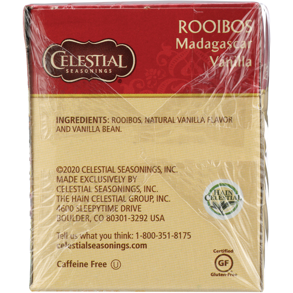 CEL005 | Back of Celestial Seasonings Rooibos Madagascar Vanilla tea box with ingredients listed: Rooibos, natural vanilla flavor and vanilla bean, caffeine free, gluten-free - Thumbnail