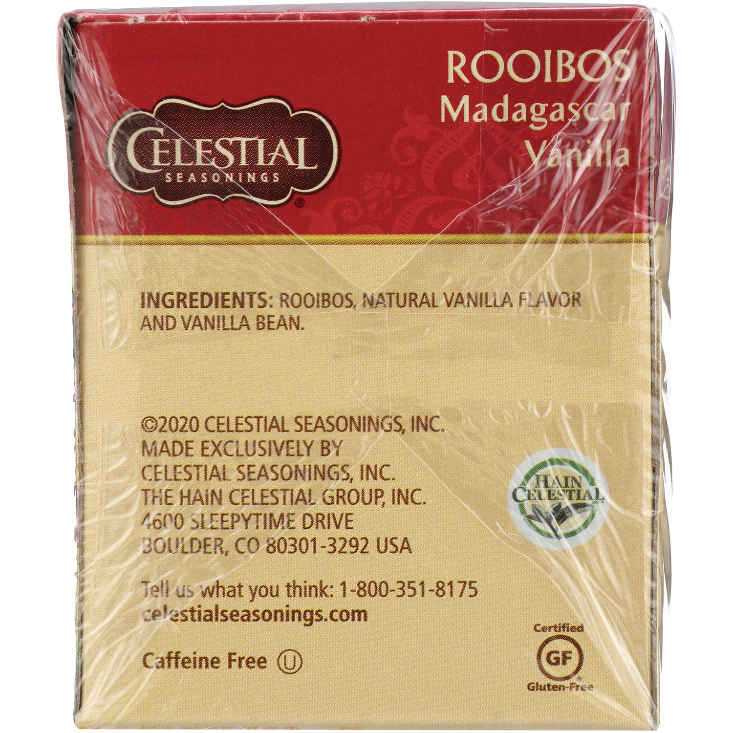 CEL005 | Back of Celestial Seasonings Rooibos Madagascar Vanilla tea box with ingredients listed: Rooibos, natural vanilla flavor and vanilla bean, caffeine free, gluten-free