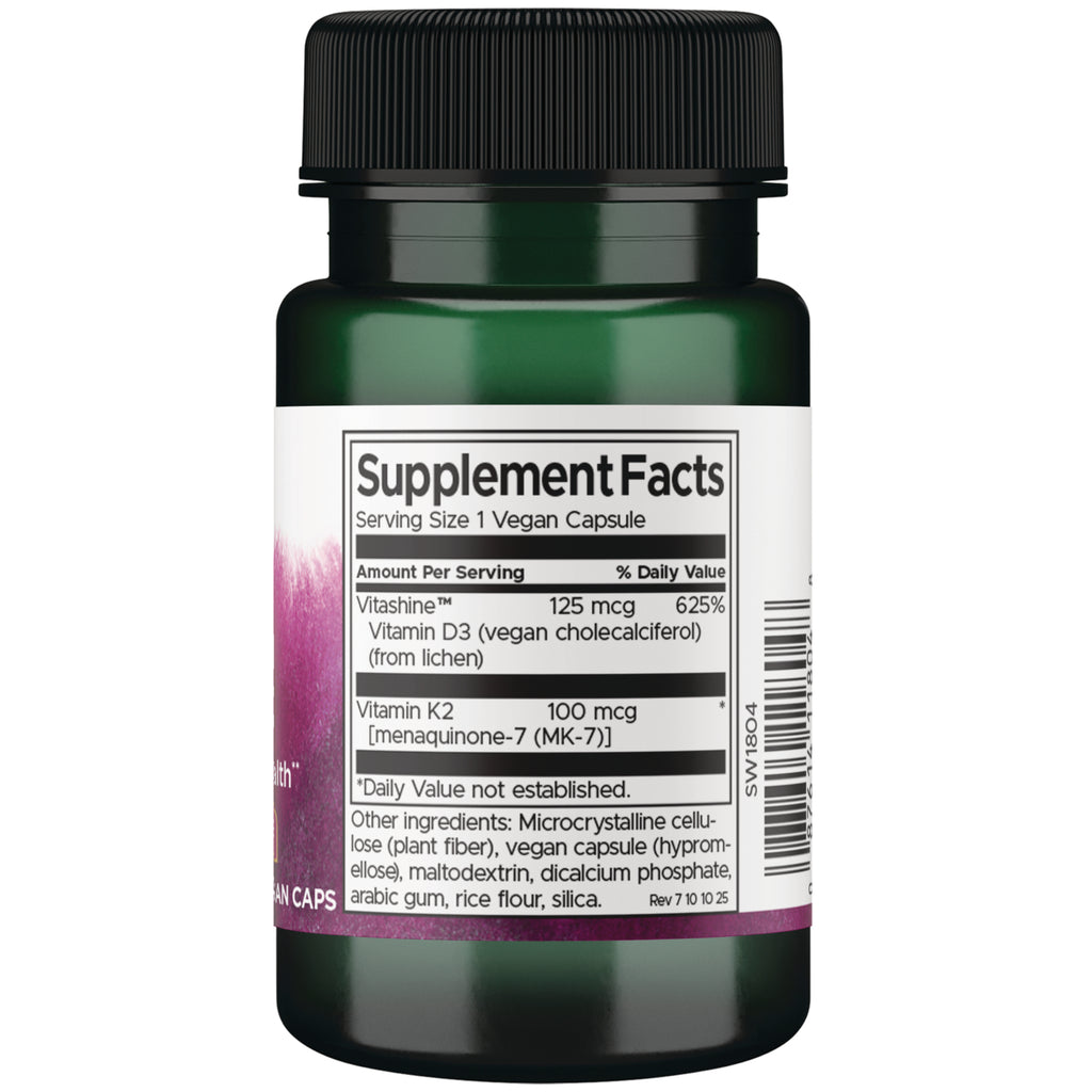 SW1804 | Back label with Supplement Facts panel: Serving Size 1 Vegan Capsule; Vitamin D3 125 mcg, Vitamin K2 100 mcg - Thumbnail