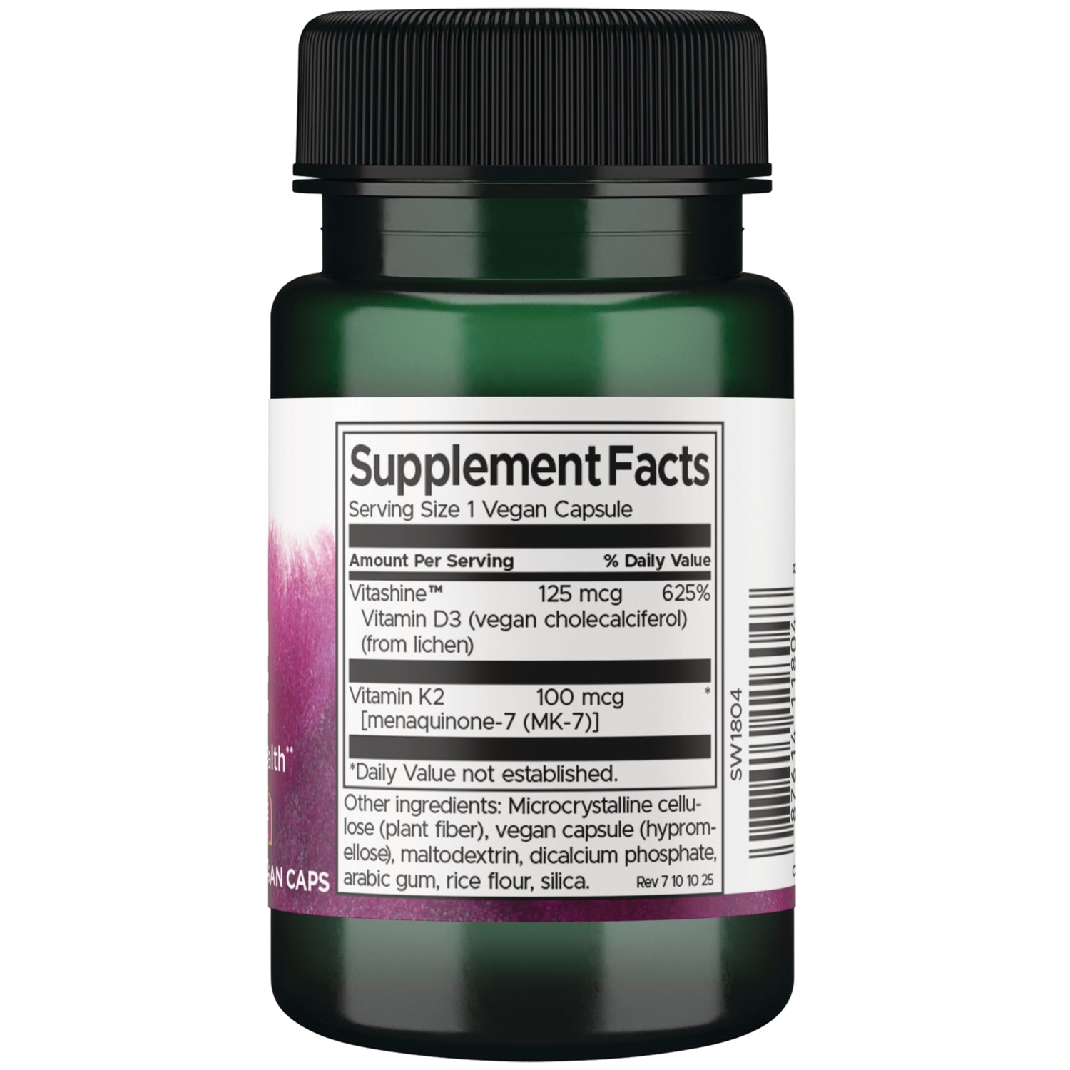 SW1804 | Back label with Supplement Facts panel: Serving Size 1 Vegan Capsule; Vitamin D3 125 mcg, Vitamin K2 100 mcg