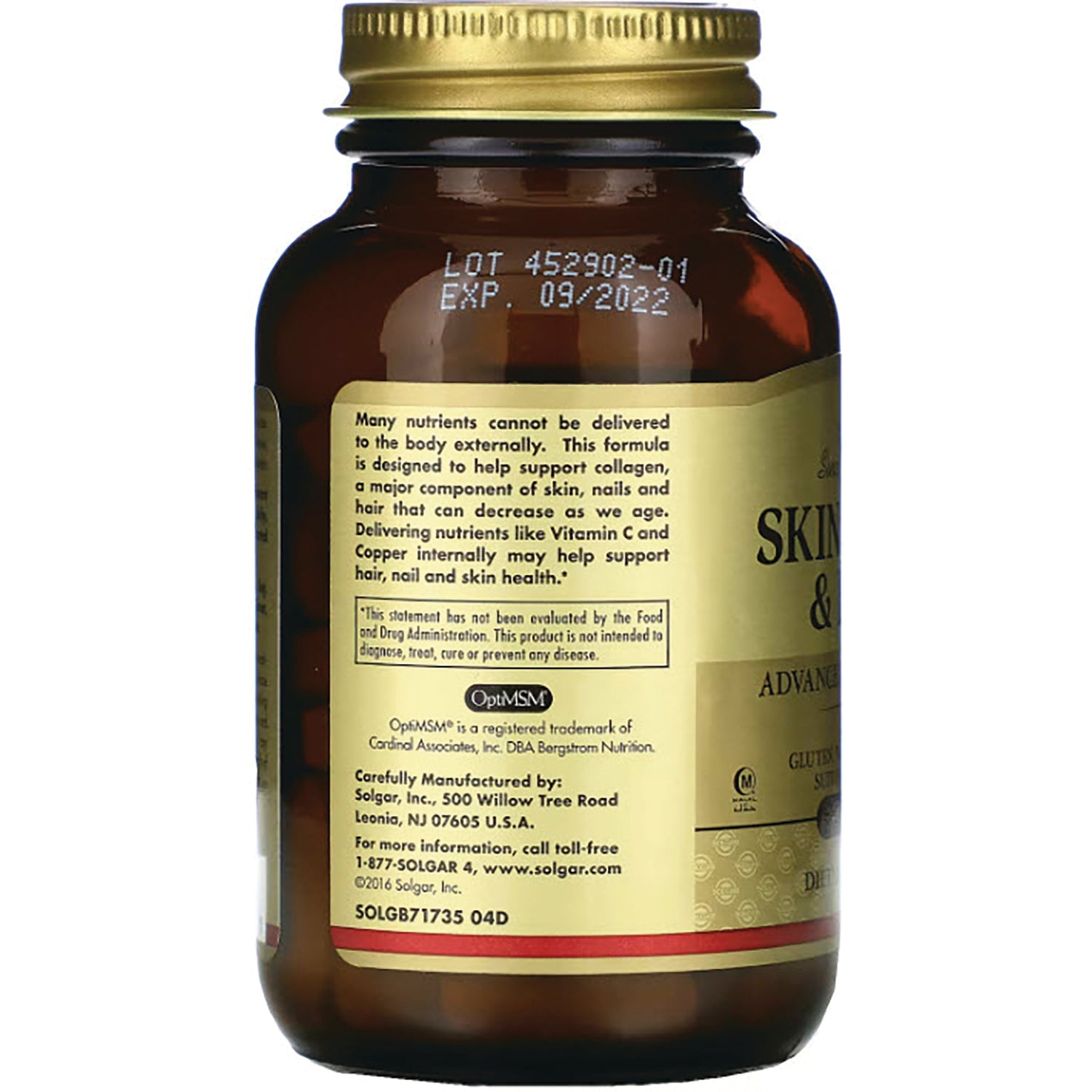 SLG237 | back label of amber supplement bottle showing lot 452902-01, EXP 09/2022 and manufacturer information