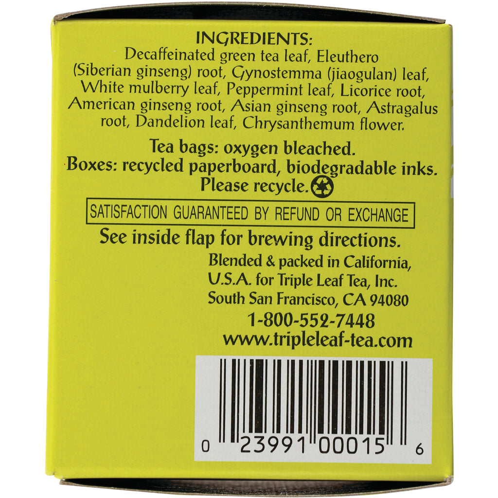 TLT010 | Back of Triple Leaf Tea box showing ingredients, recycling notes, guarantee, brewing directions, barcode - Thumbnail