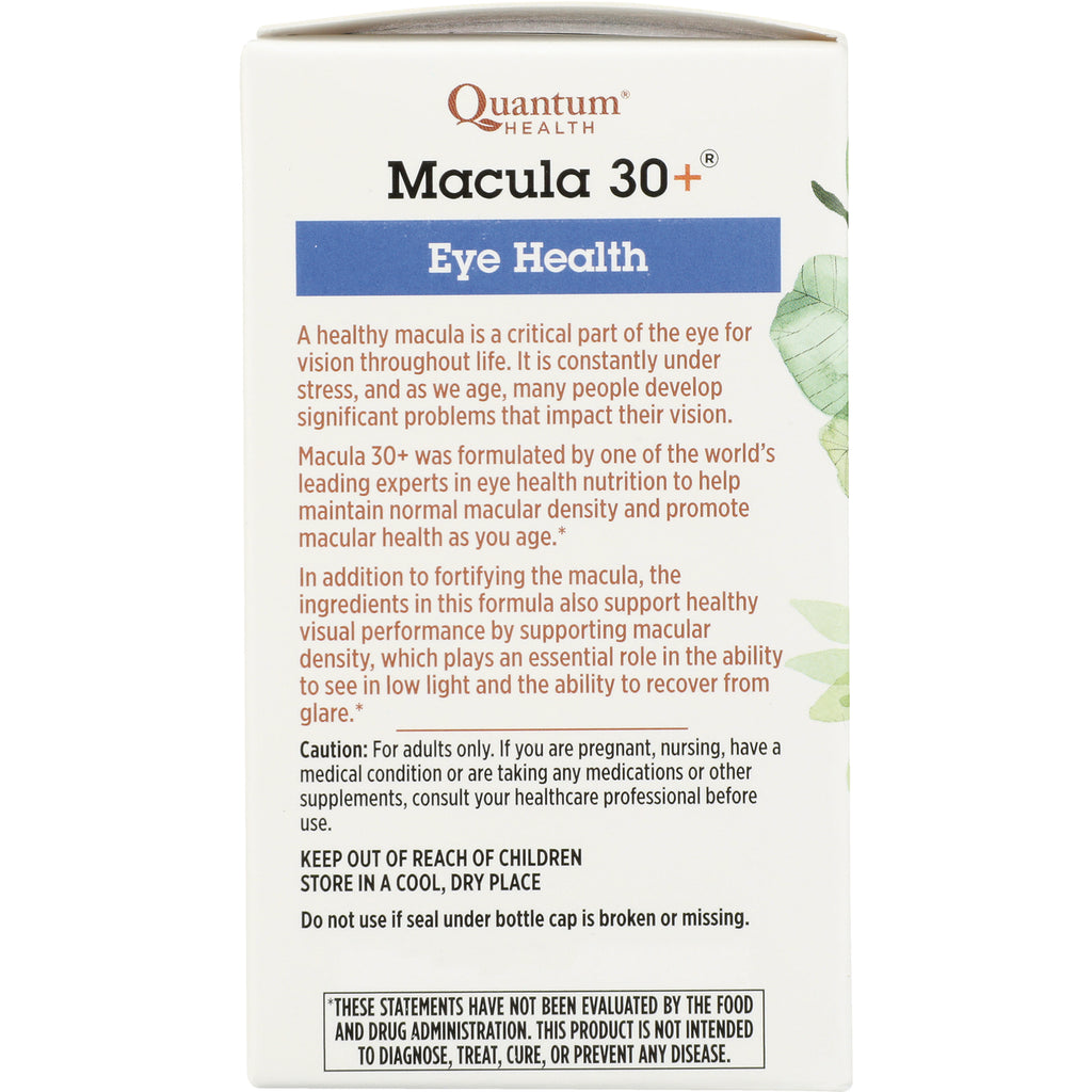QU075 | back of Quantum Health Macula 30+ Eye Health box showing product description, caution, and storage instructions - Thumbnail
