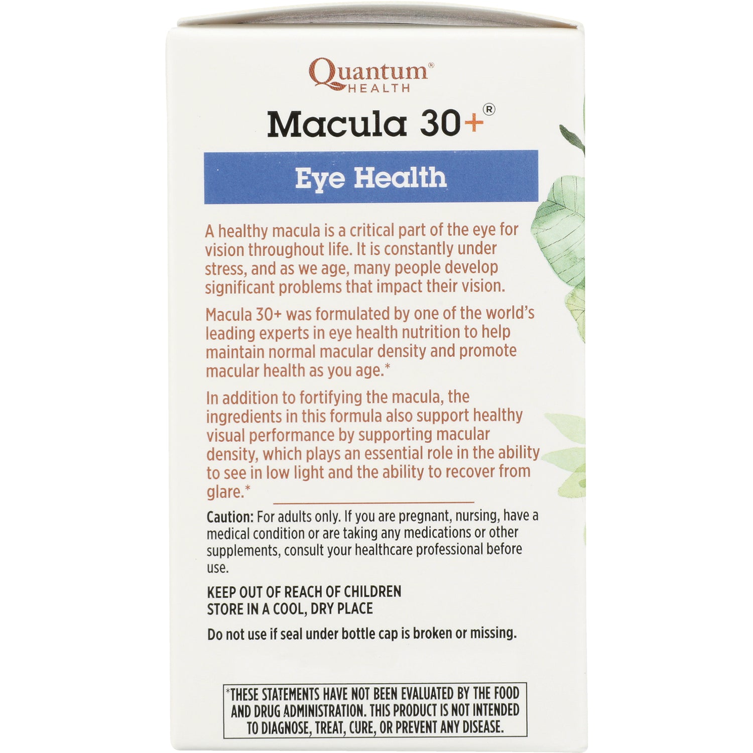 QU075 | back of Quantum Health Macula 30+ Eye Health box showing product description, caution, and storage instructions