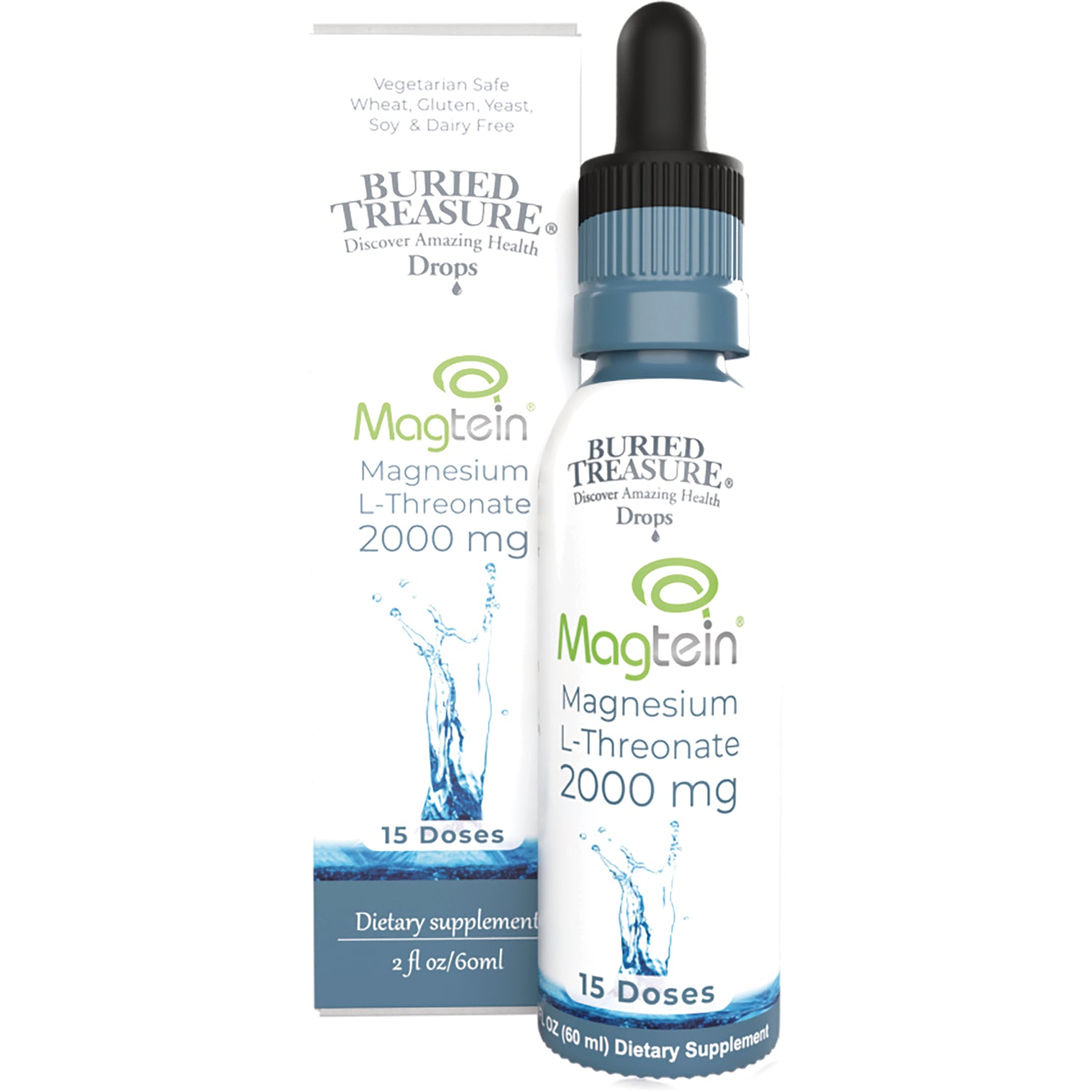 BTR050 | Buried Treasure Magtein Magnesium L-Threonate 2000 mg drops bottle and box, 15 doses