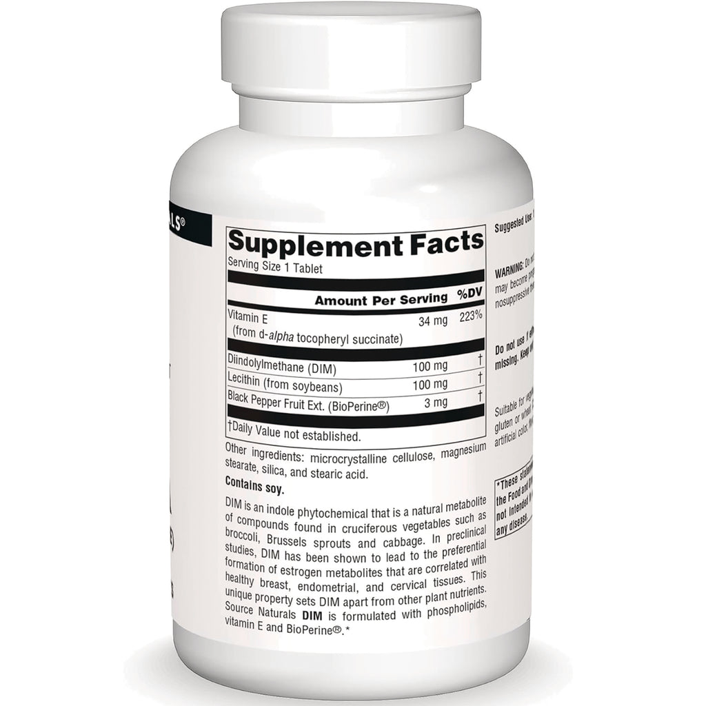 SN642 | Supplement Facts label and ingredients panel for DIM tablet with vitamin E, lecithin and BioPerine - Thumbnail