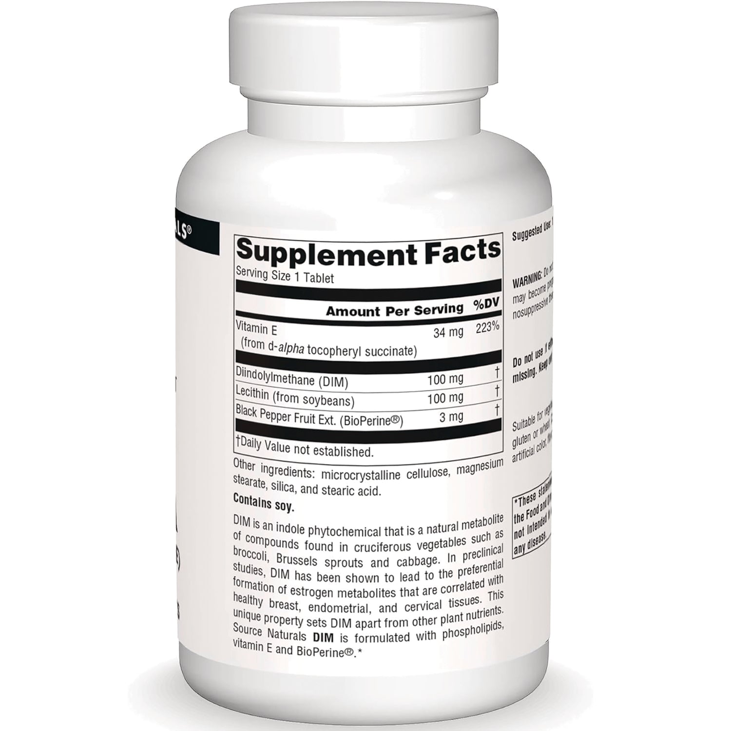 SN642 | Supplement Facts label and ingredients panel for DIM tablet with vitamin E, lecithin and BioPerine