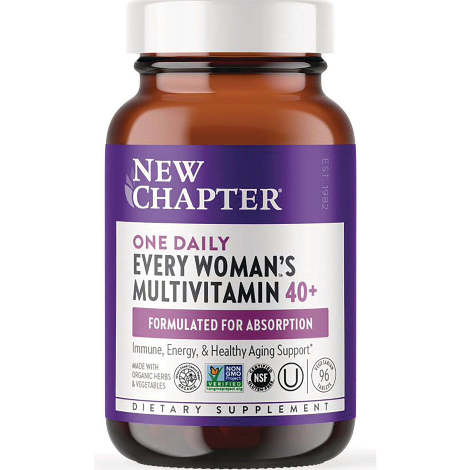 NWC242 | amber supplement bottle with purple NEW CHAPTER label reading One Daily Every Woman's Multivitamin 40+ formulated for absorption