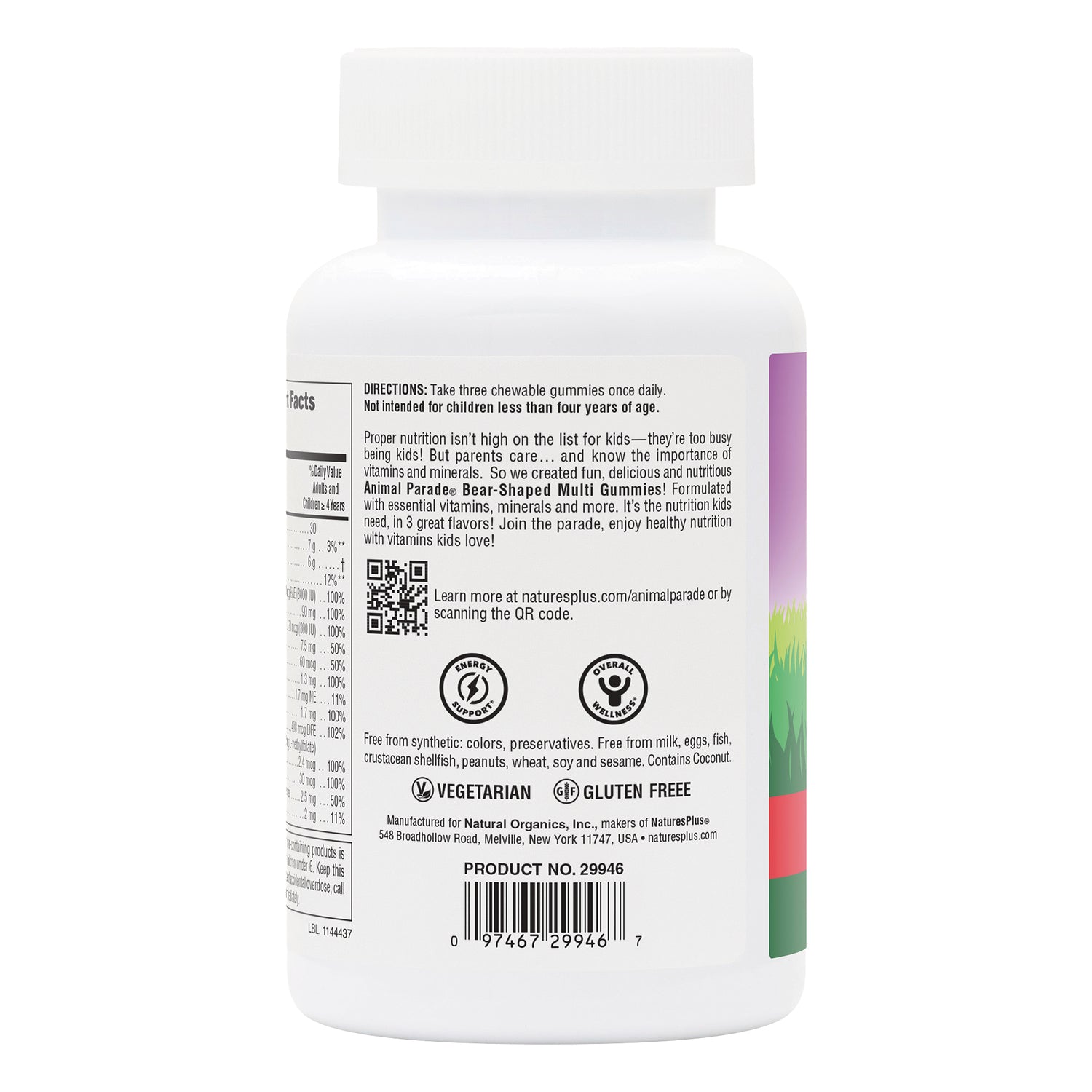 NTP349 | Back label of white supplement bottle showing directions, QR code, barcode, vegetarian and gluten free icons