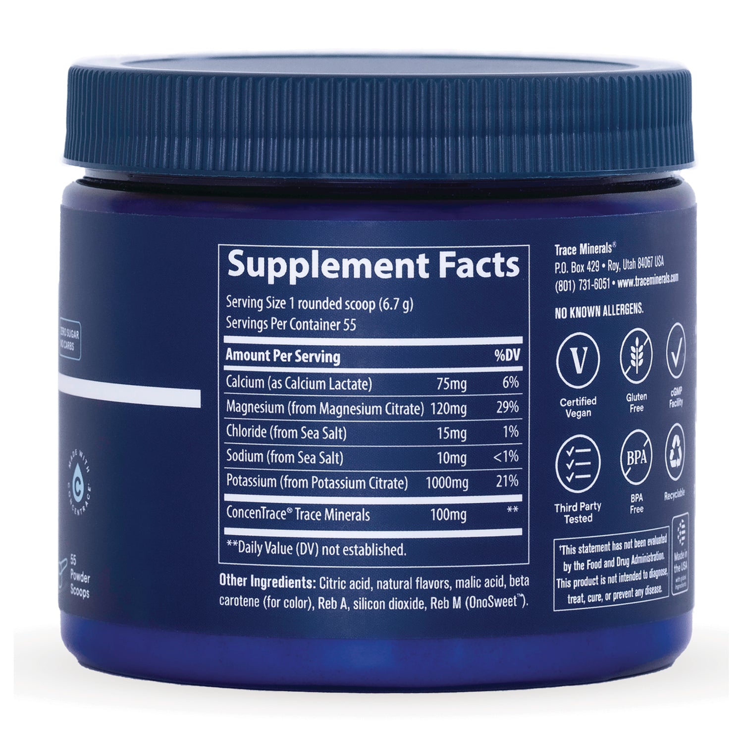 TM162 | Back label with Supplement Facts panel, serving size 1 rounded scoop (6.7 g), icons: Vegan, Gluten Free, BPA Free