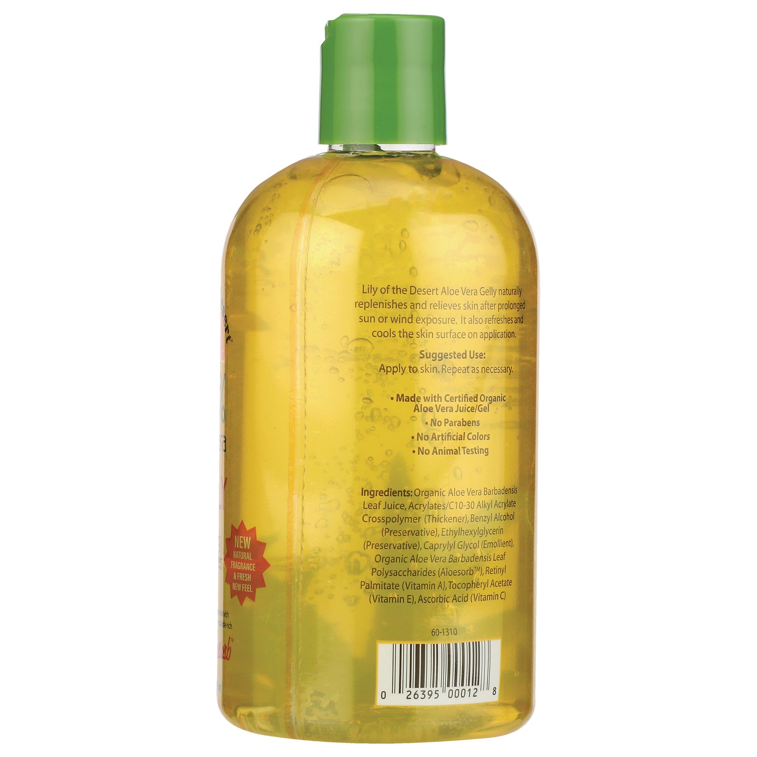 LIL030 | Back of clear yellow aloe vera gel bottle showing ingredients, suggested use, and barcode