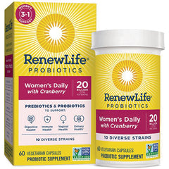 RNL214 | RenewLife Probiotics Women's Daily with Cranberry front packaging and bottle, 60 vegetarian capsules, 20 billion CFU