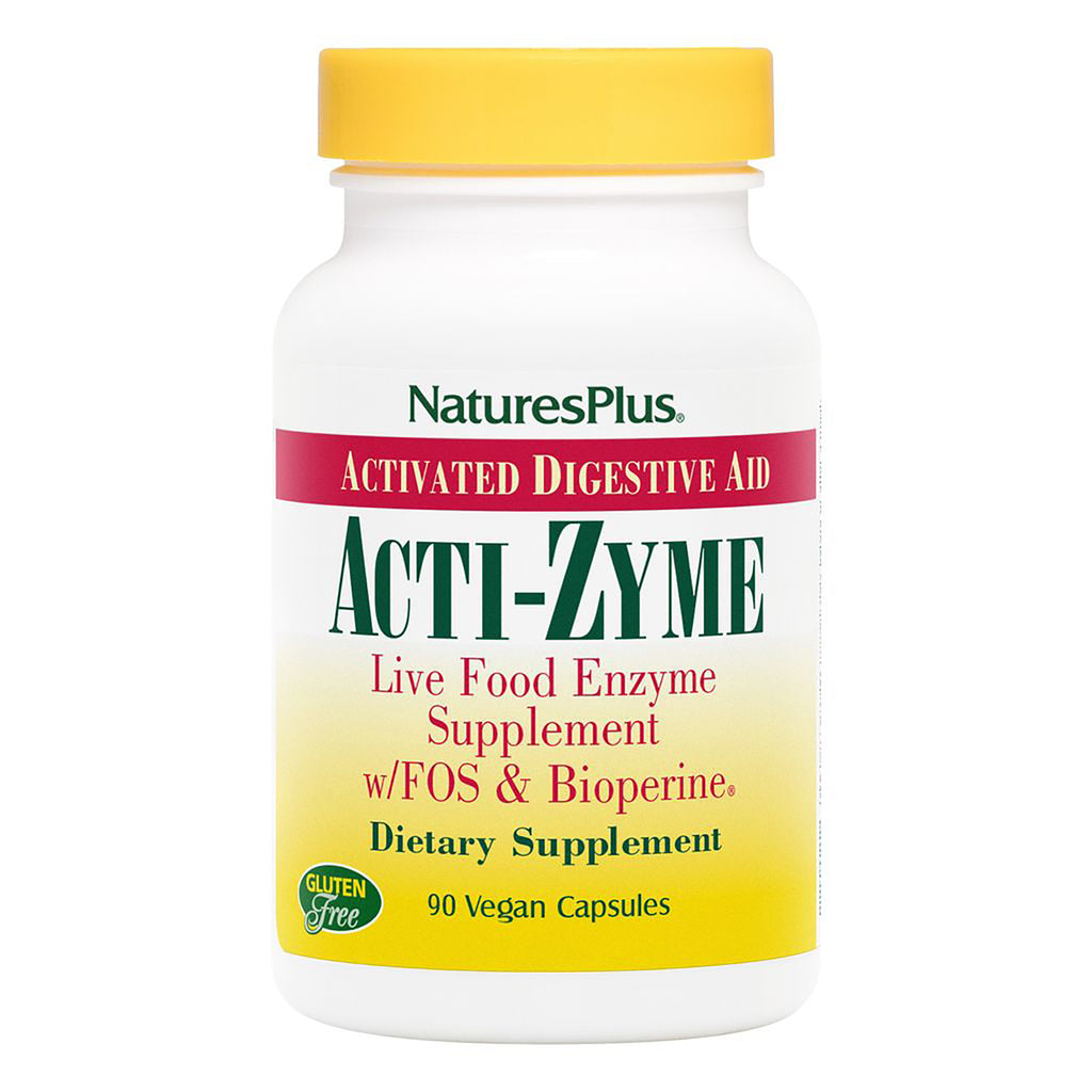 NTP145 | Natures Plus ACTI-ZYME bottle front showing live food enzyme supplement label, 90 vegetarian capsules, gluten free - Thumbnail