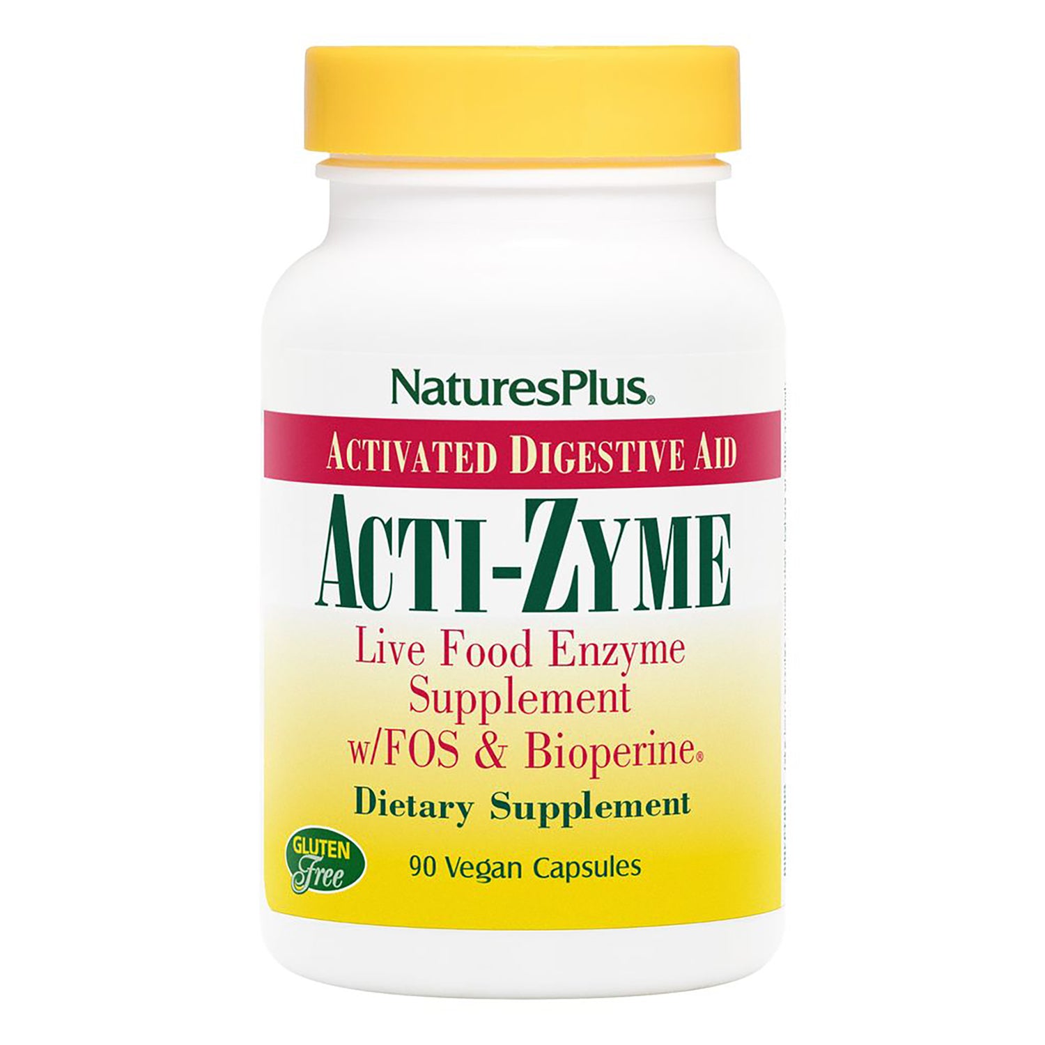 NTP145 | Natures Plus ACTI-ZYME bottle front showing live food enzyme supplement label, 90 vegetarian capsules, gluten free