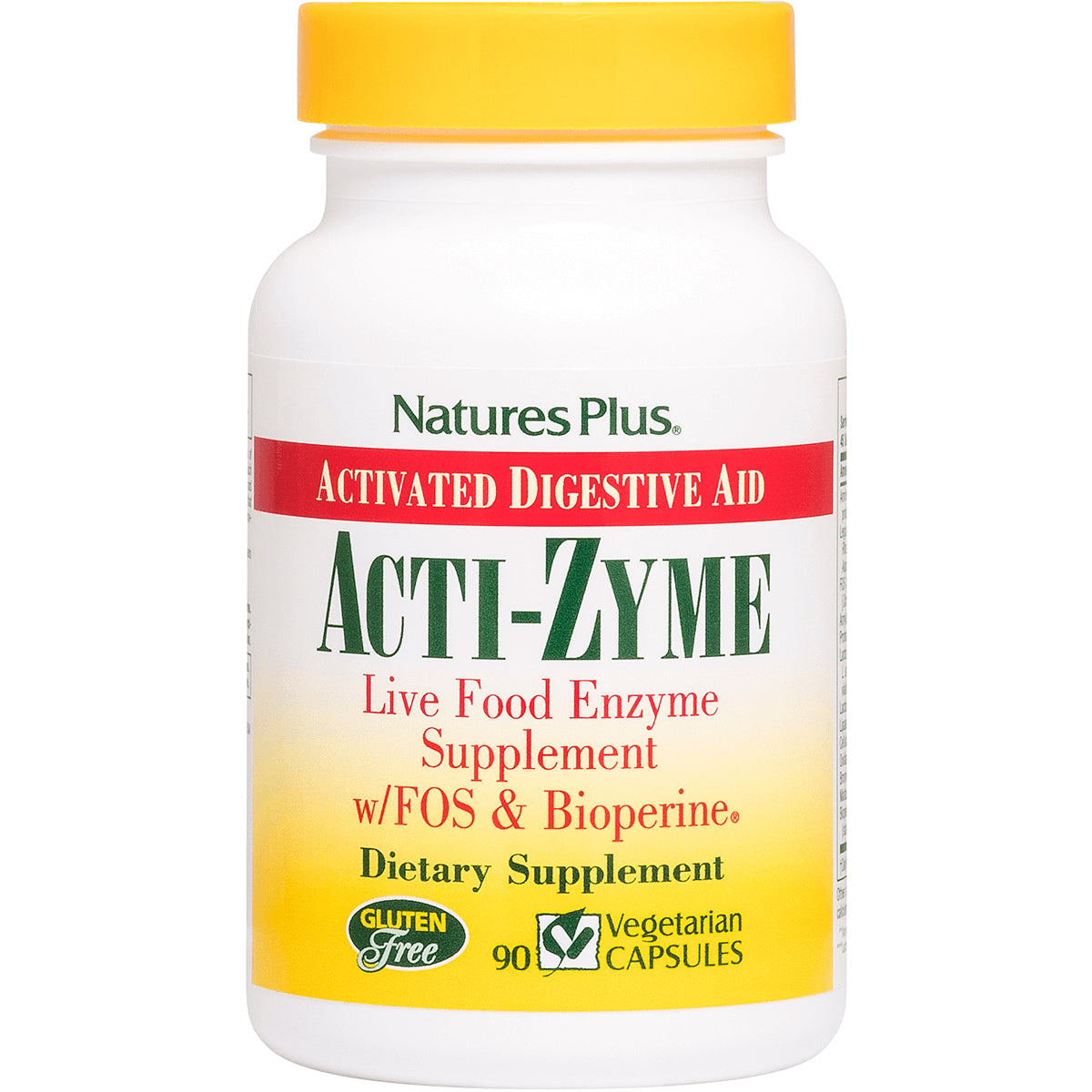 NTP145 | Natures Plus ACTI-ZYME bottle front showing live food enzyme supplement label, 90 vegetarian capsules, gluten free