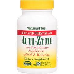 NTP145 | Natures Plus ACTI-ZYME bottle front showing live food enzyme supplement label, 90 vegetarian capsules, gluten free