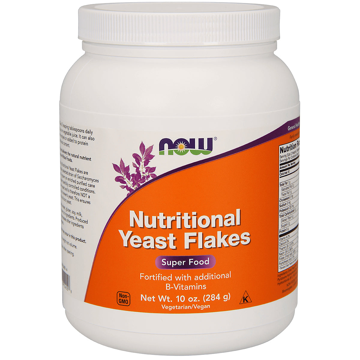 NWF260 | White jar of NOW Nutritional Yeast Flakes 10 oz with orange label, Super Food, fortified with B-Vitamins