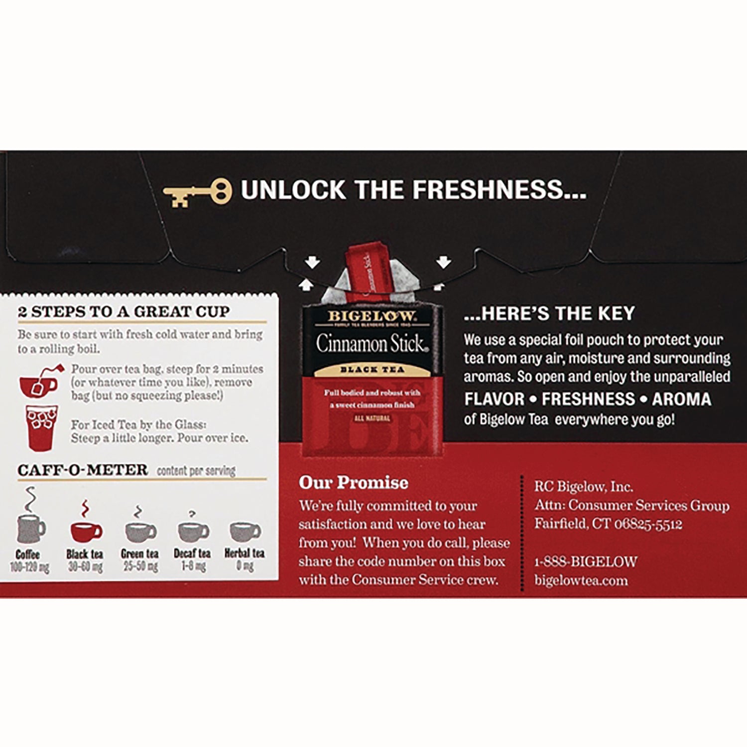 BGT004 | Back of Bigelow Cinnamon Stick black tea box showing brewing instructions, caff-o-meter and freshness pouch