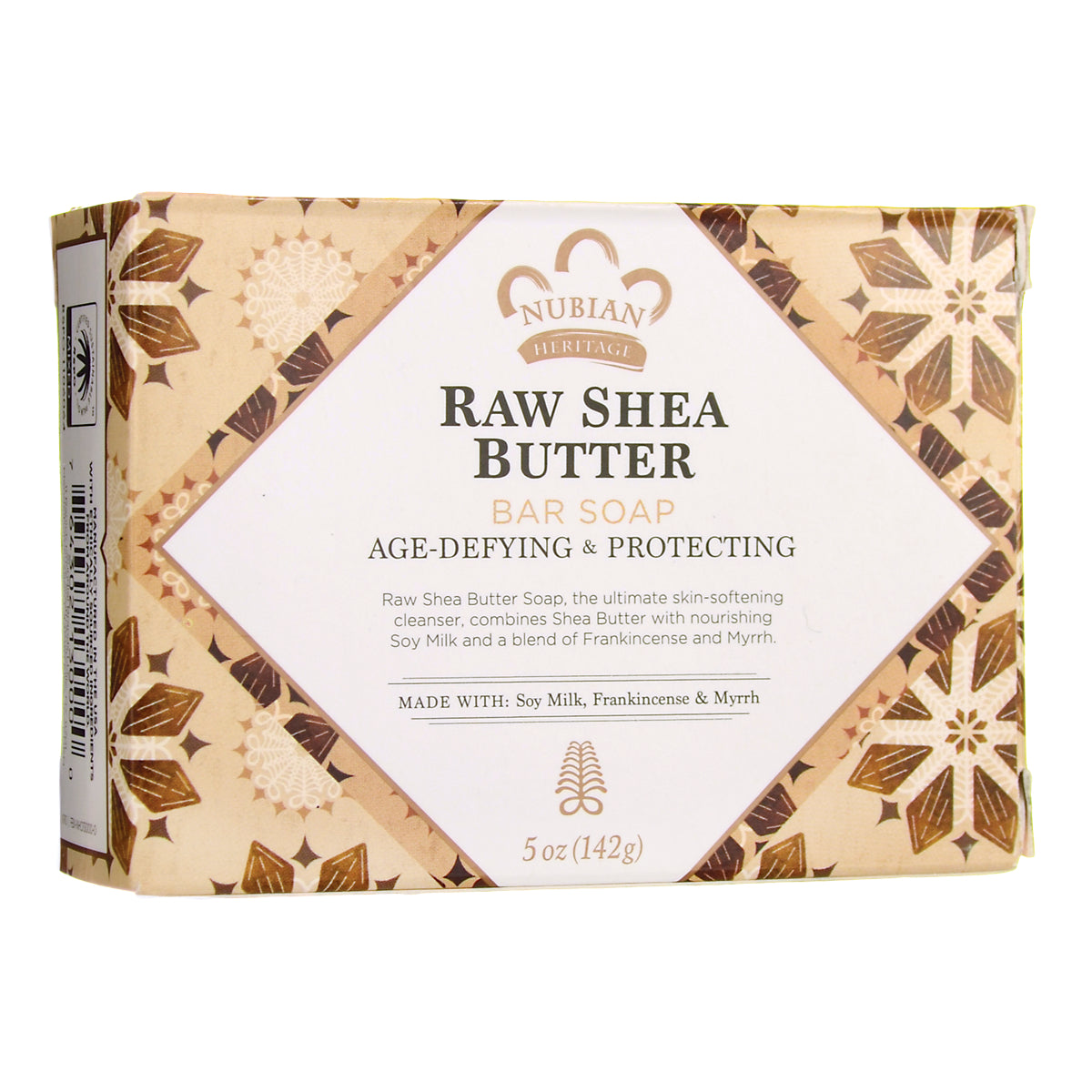 NBH012 | Nubian Heritage Raw Shea Butter bar soap box front labeled Raw Shea Butter Bar Soap Age-Defying & Protecting 5 oz (142g)