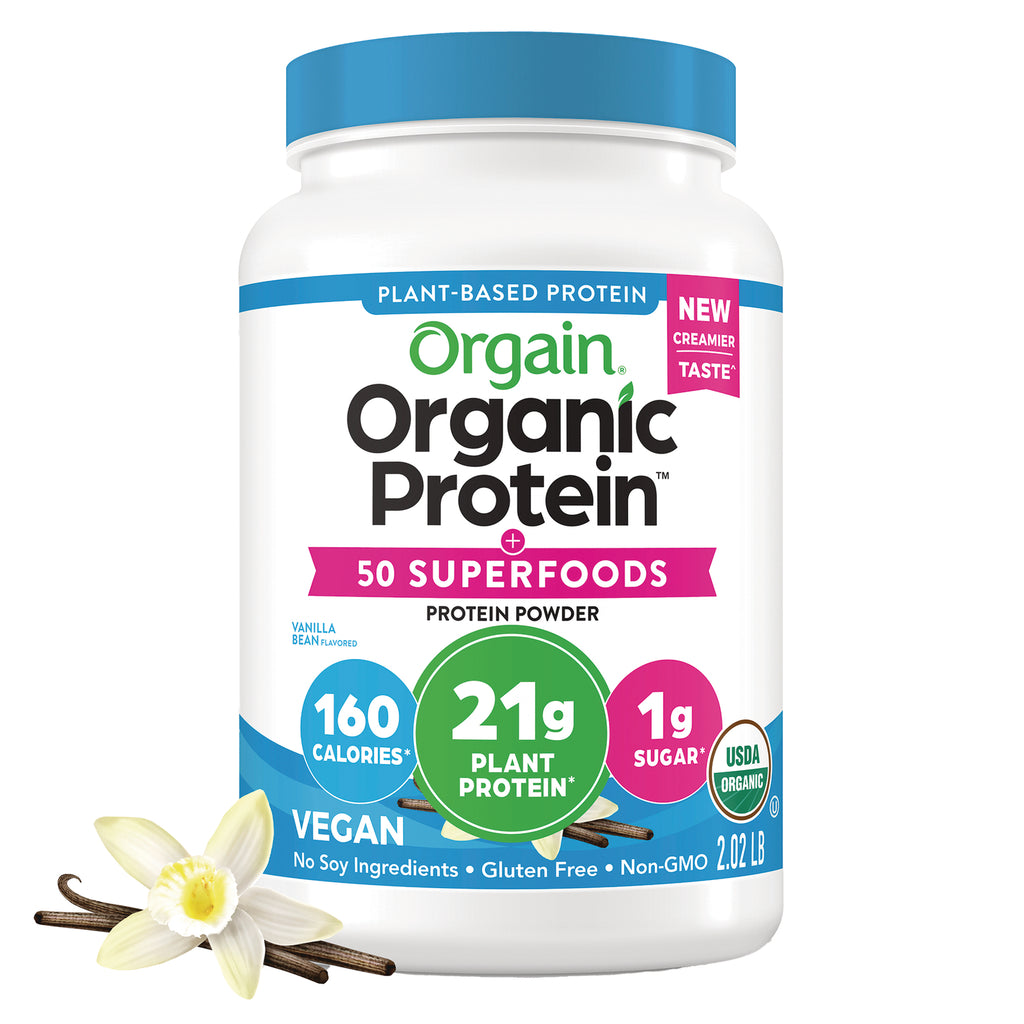 OGN011 | Orgain Organic Protein powder tub, vanilla bean flavor, 21g plant protein and 50 superfoods label - Thumbnail