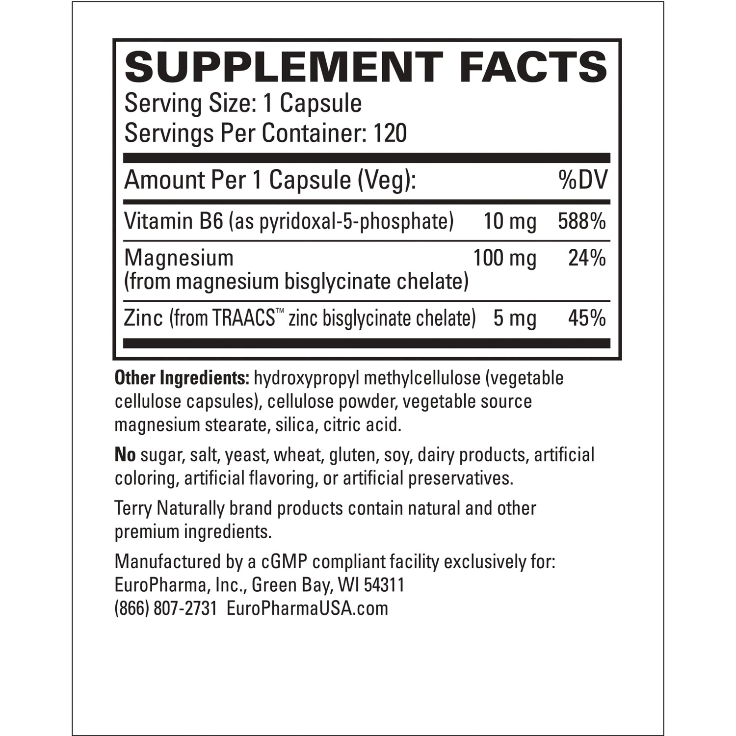 EUR034 | supplement facts panel listing serving size 1 capsule, Vitamin B6 10 mg, magnesium 100 mg, zinc 5 mg, other ingredients and manufacturer info