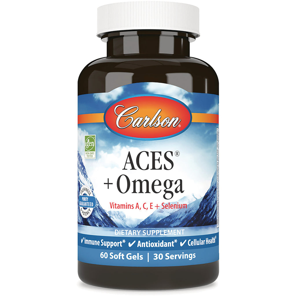 CSN320 | Carlson ACES + Omega supplement bottle front labeled Vitamins A, C, E + Selenium 60 Soft Gels - Thumbnail