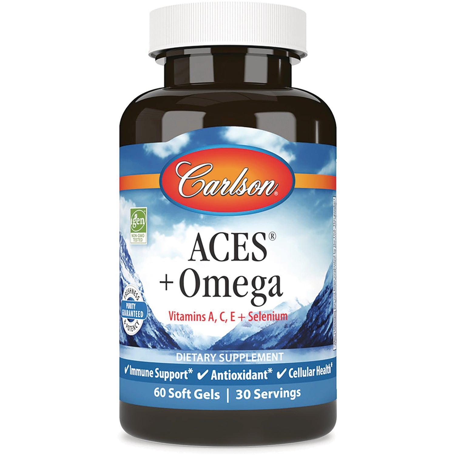 CSN320 | Carlson ACES + Omega supplement bottle front labeled Vitamins A, C, E + Selenium 60 Soft Gels