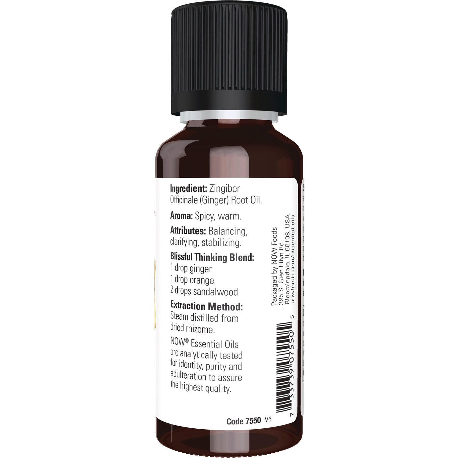 NWF606 | Back label of brown essential oil bottle showing ingredients, attributes, blend instructions, extraction method and barcode