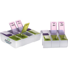 DNG005 | white weekly pill organizer with purple and green day-labeled lids, two 7-day sections