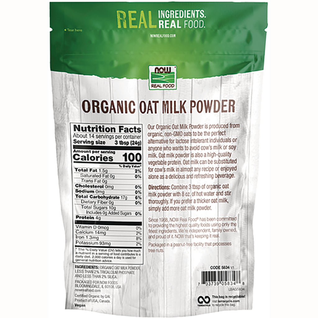 NWF1386 | Back of Organic Oat Milk Powder pouch showing Nutrition Facts panel, ingredients and preparation directions - Thumbnail