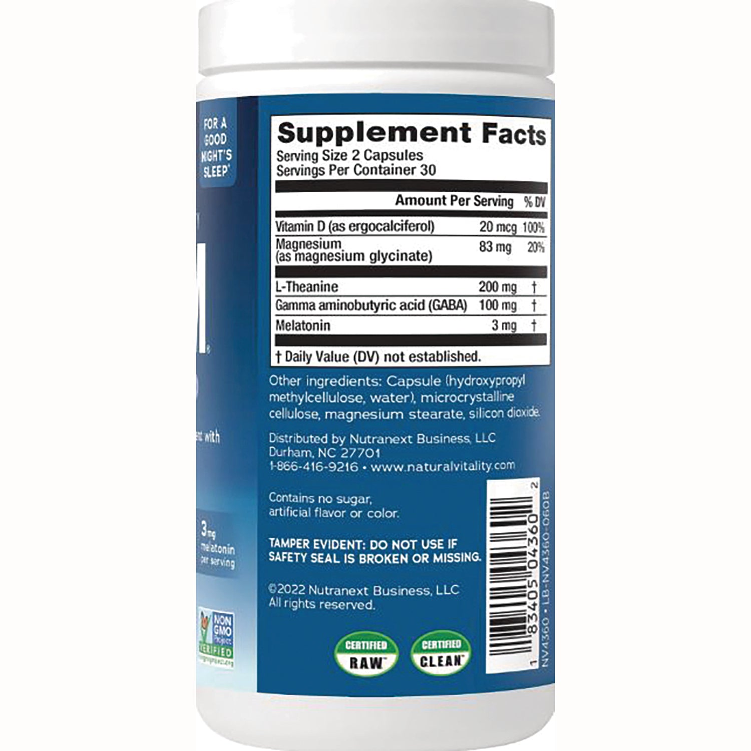 NVT056 | Back label of blue supplement bottle showing Supplement Facts panel, ingredient list, and barcode