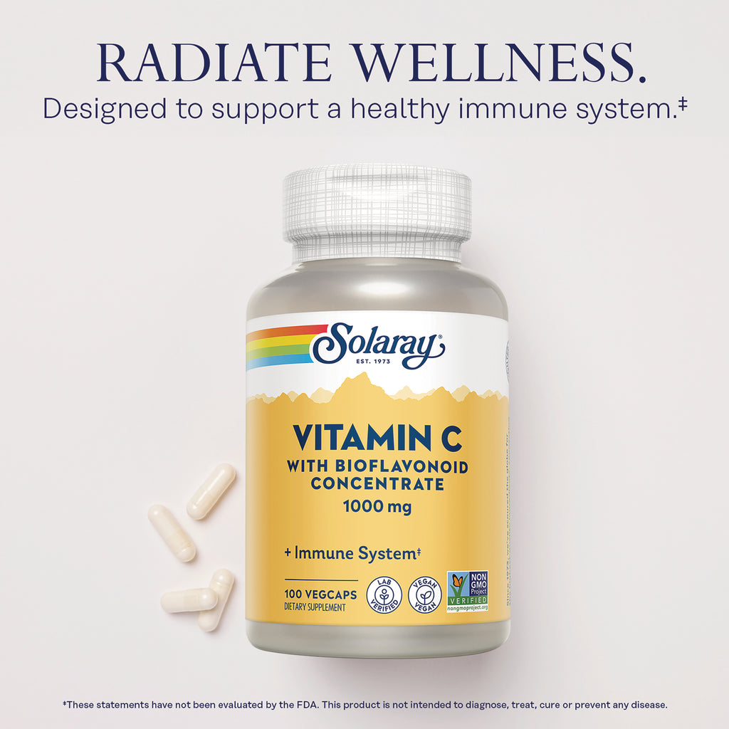 SLR420 | Solaray Vitamin C 1000 mg bottle with three white vegcaps - Thumbnail