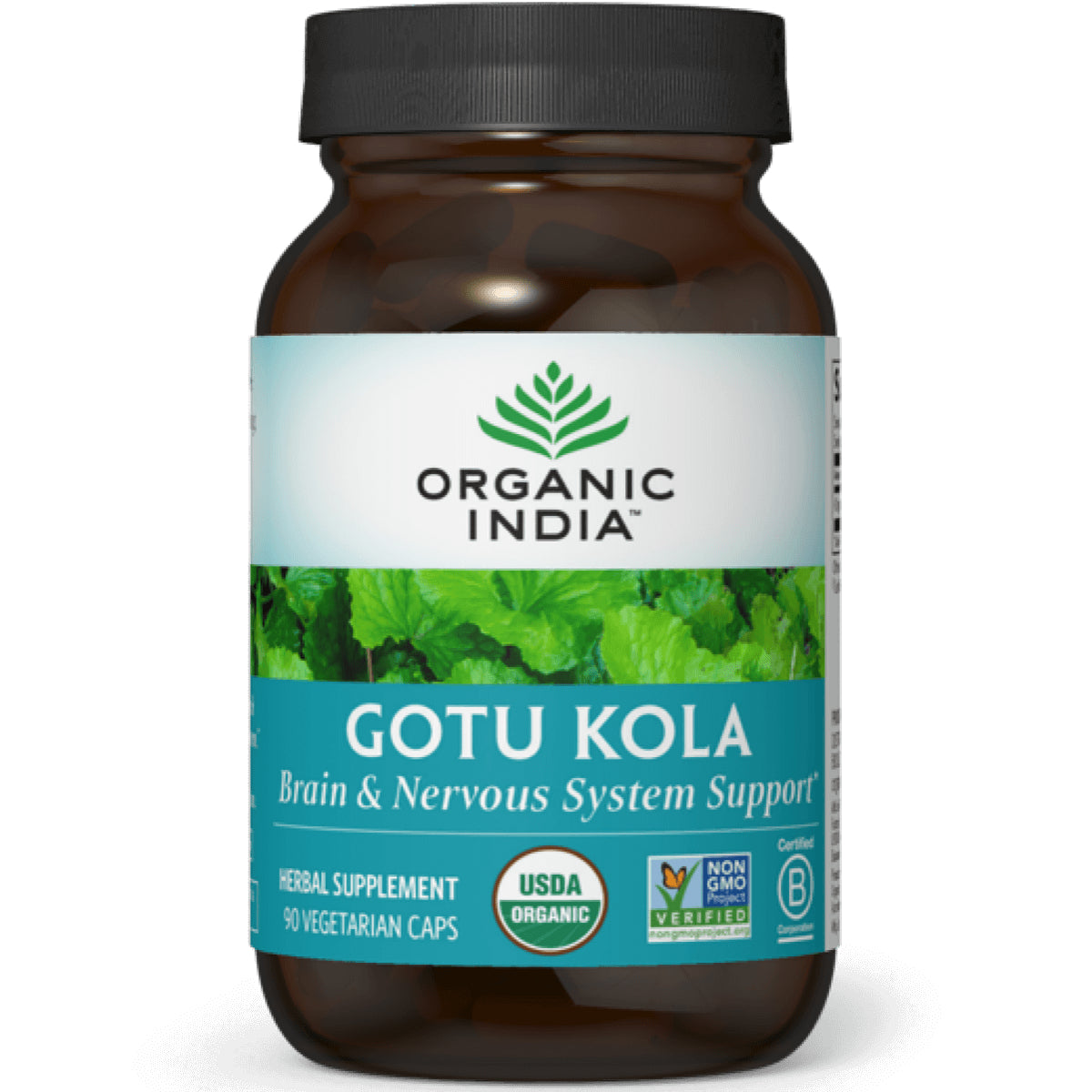 RGN032 | Organic India Gotu Kola supplement bottle labeled Brain & Nervous System Support, USDA Organic