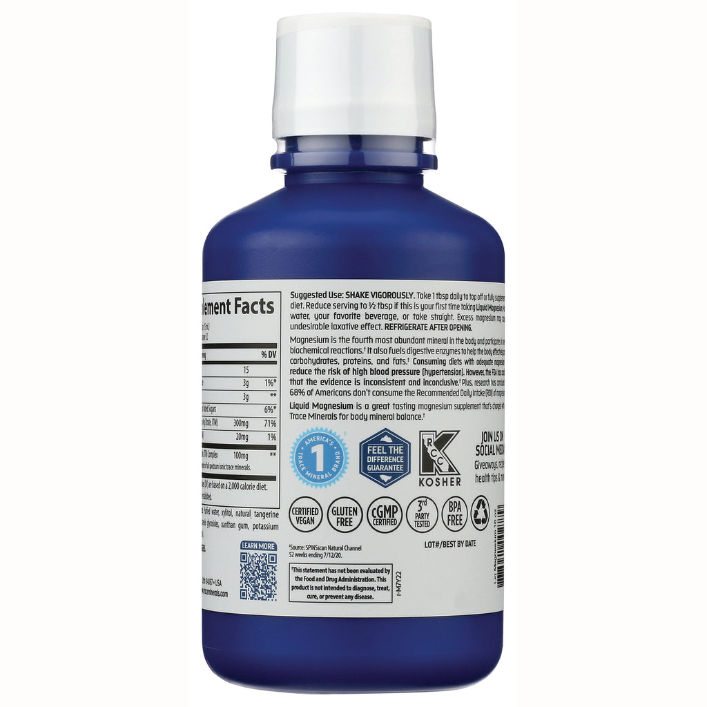 TM053 | Back label of blue liquid magnesium bottle with Supplement Facts, usage, and vegan, gluten free, cGMP, BPA free icons - Thumbnail