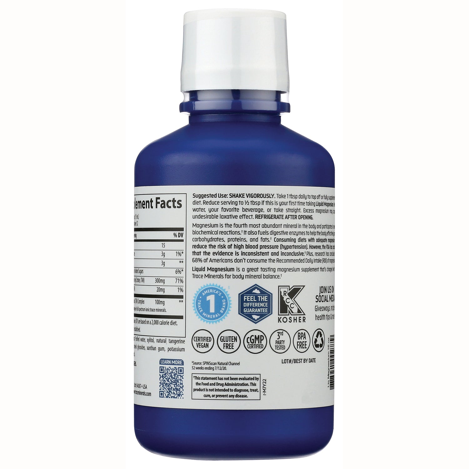 TM053 | Back label of blue liquid magnesium bottle with Supplement Facts, usage, and vegan, gluten free, cGMP, BPA free icons