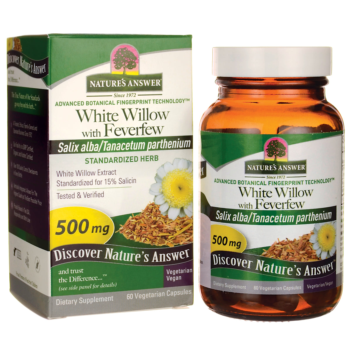 NAT138 | Nature's Answer White Willow with Feverfew 500 mg dietary supplement box and amber bottle, 60 vegetarian capsules