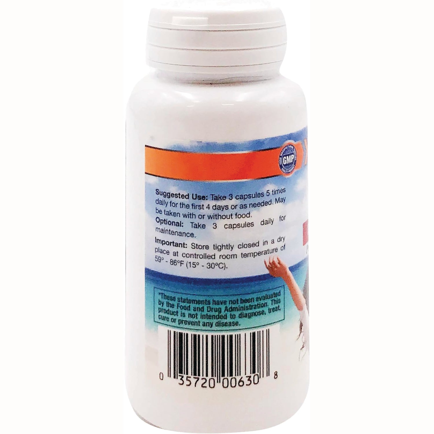 CLE001 | back label of white supplement bottle showing suggested use text, storage instructions and barcode