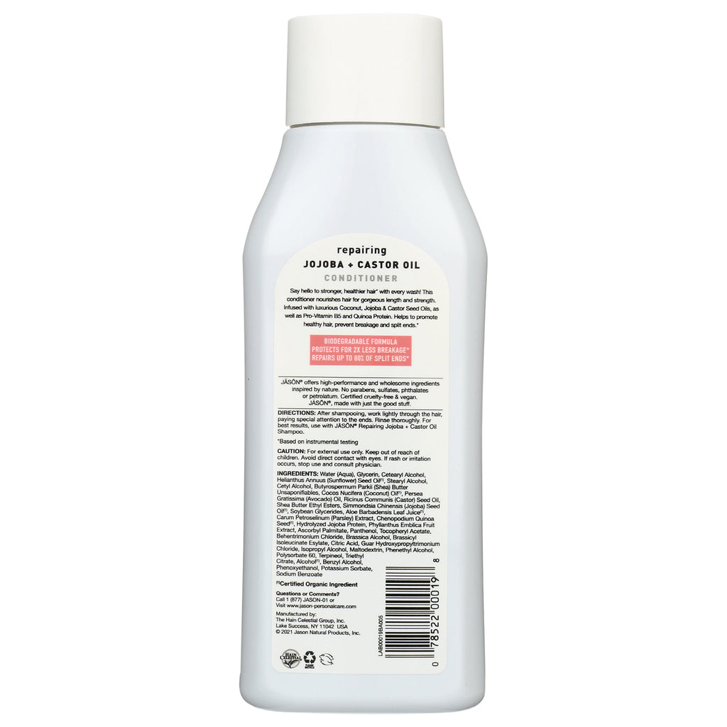 white conditioner bottle back showing label reading repairing JOJOBA + CASTOR OIL CONDITIONER with ingredients and barcode - Thumbnail