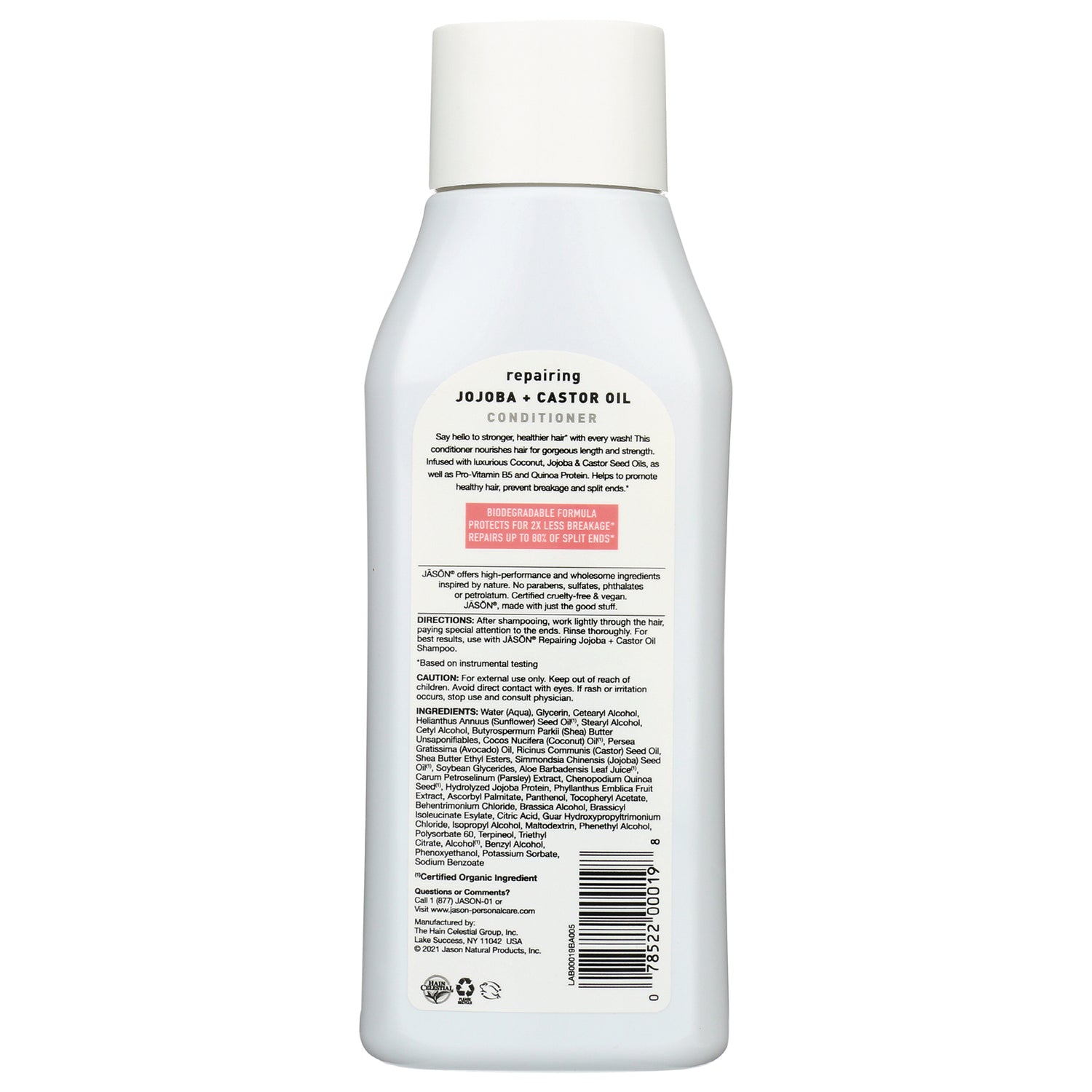 white conditioner bottle back showing label reading repairing JOJOBA + CASTOR OIL CONDITIONER with ingredients and barcode