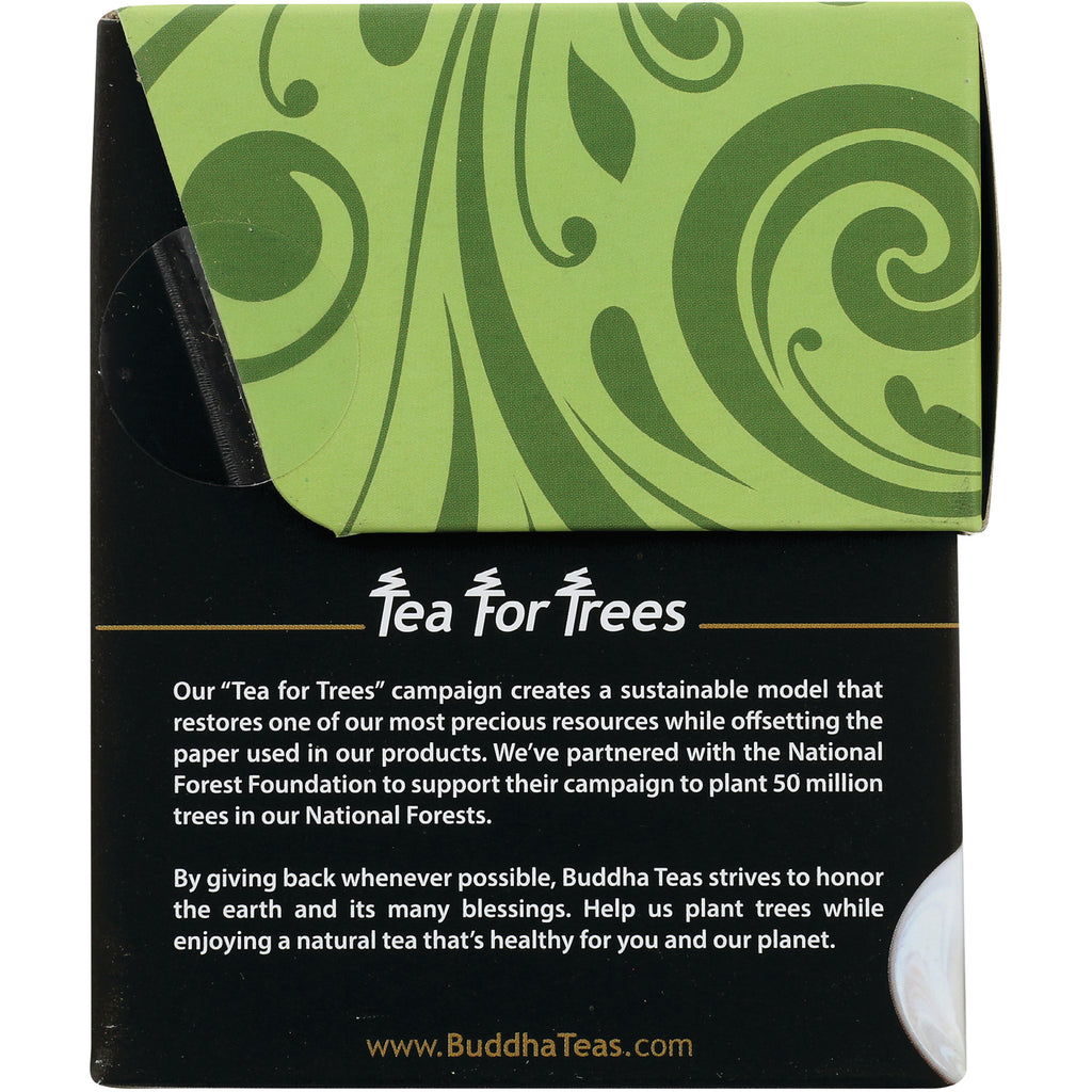 BUD006 | green and black tea box panel titled Tea for Trees with campaign text about planting trees and website BuddhaTeas.com - Thumbnail