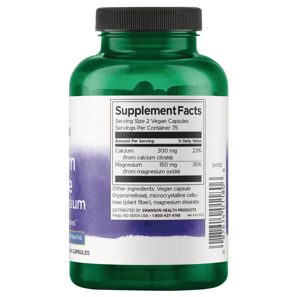 SW180 | Supplement Facts panel: serving size 2 capsules; calcium 300 mg (23% DV), magnesium 150 mg (36% DV) - Thumbnail