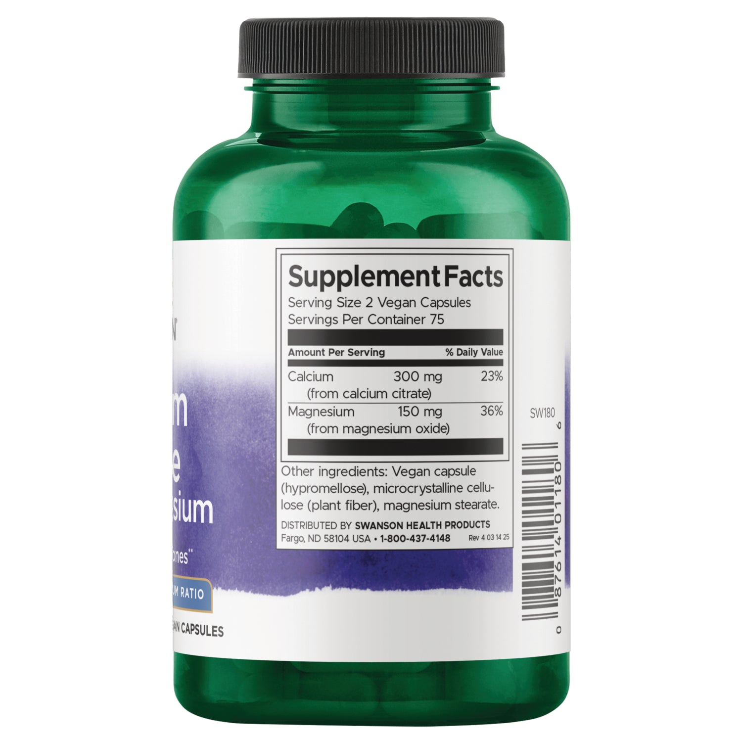 SW180 | Supplement Facts panel: serving size 2 capsules; calcium 300 mg (23% DV), magnesium 150 mg (36% DV)