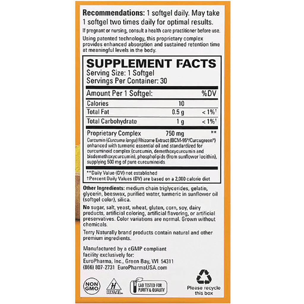EUR037 | Supplement facts panel and ingredient list for softgel supplement on orange-bordered box - Thumbnail