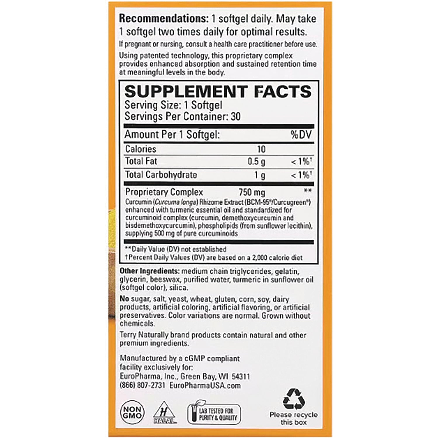 EUR037 | Supplement facts panel and ingredient list for softgel supplement on orange-bordered box